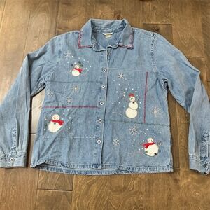 Christopher & Banks Denim Button-Up Shirt Womens M Blue Snowman